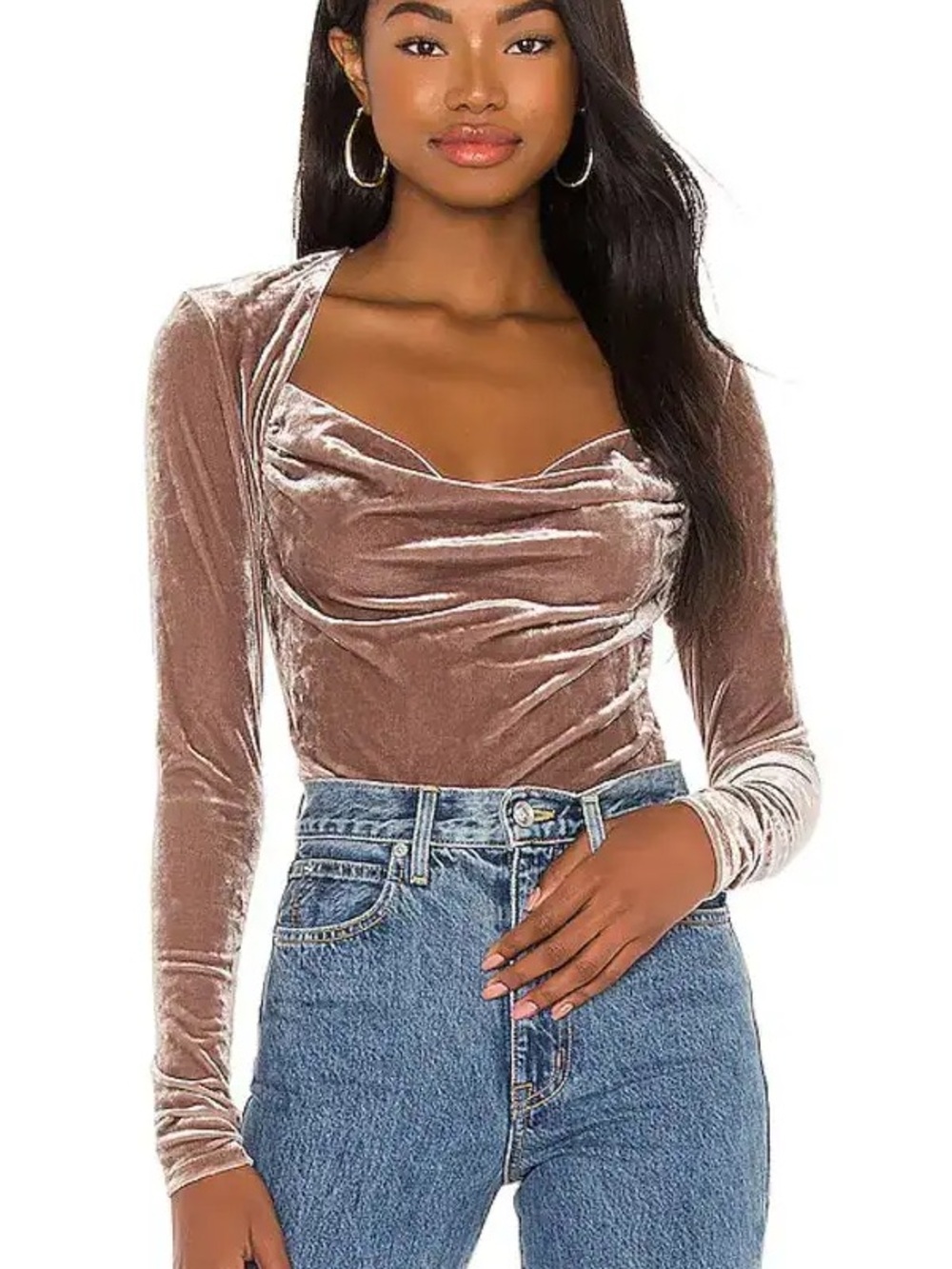Free People Taupe Velvet Cowl Neck Long Sleeve Bodysuit Size M